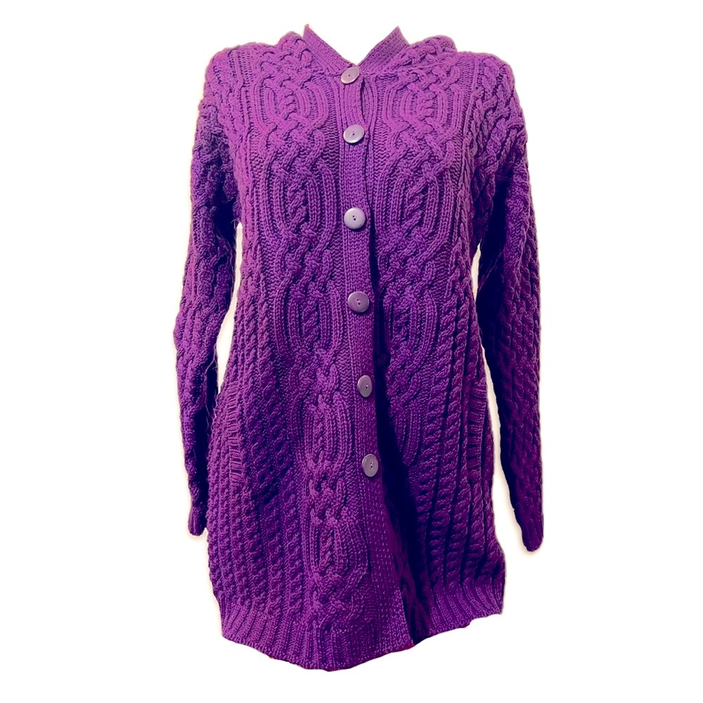 Aran Craft 100% Merino Wool Purple Long Cardigan Sweater Size M cable knit